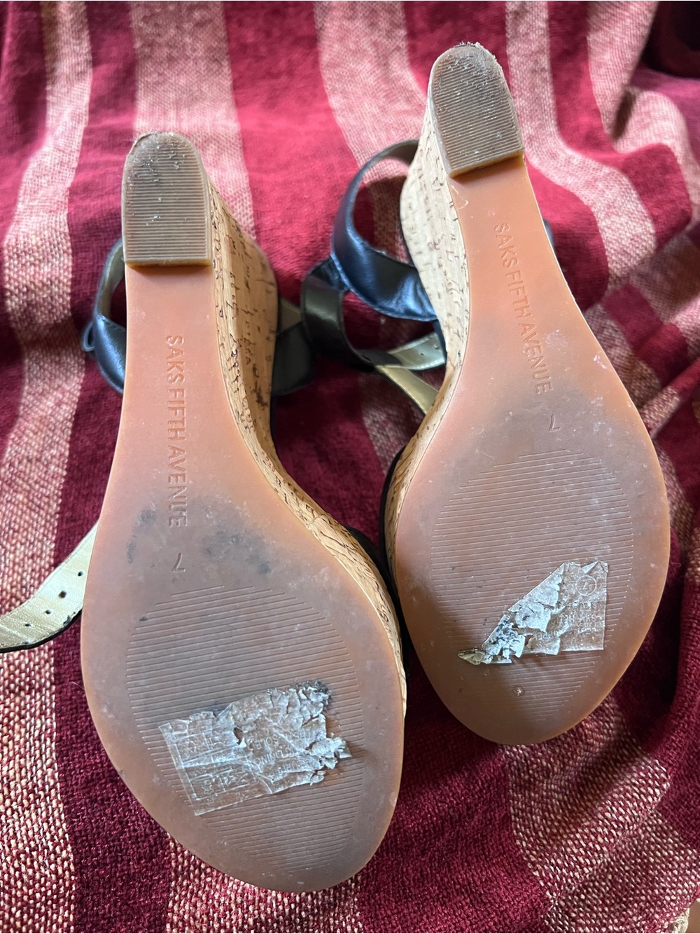 Saks Fifth Avenue Black T-Strap Cork Wedge Sandals - Picture 4 of 7